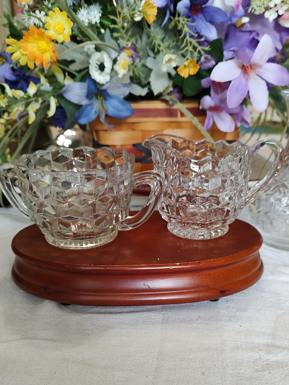 Vintage FOSTORIA AMERICAN Glass Creamer & Sugar Bowl Set Excellent Clean Cond.